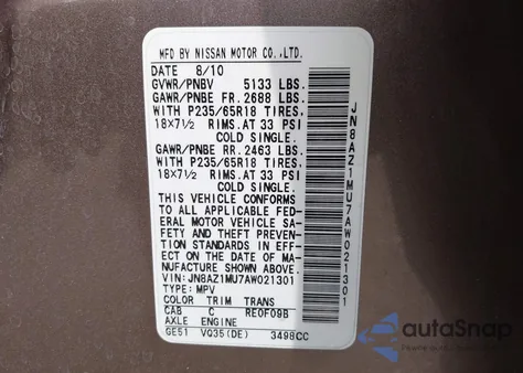 2010 Nissan Murano Sl из США, поврежденный, VIN JN8AZ1MU7AW021301